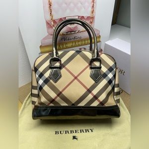 Burberry Nova Check Leather-Trim Top Handle Bag with Auth Card